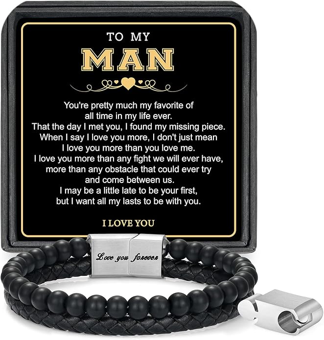 LUXEJEW Gifts for Men - Beaded Leather Bracelet 6mm Matte Agate Stone Bracelets for Men Dad Son Husband Boyfriend Grandpa Grandson Brother Uncle Nephew Adjustable Magnetic Clasp