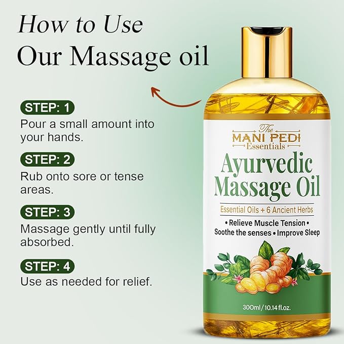 Ayurvedic Oil, Massage Oil with 6 Ancient Herbs with Clove, Almond, Lemongrass & Lavender Oils. Relieves Muscle Tensions, Calms Nerves, Soothes Senses. Organic & Natural - 10 Fl Oz