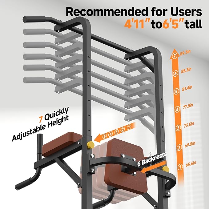 Power Tower Pull Up Station for Home Gym, Dip Station with Splayed H-Shaped Base, 440LBS Capacity, Adjustable Height Workout Station for Pull-ups, Dips & Leg Raises