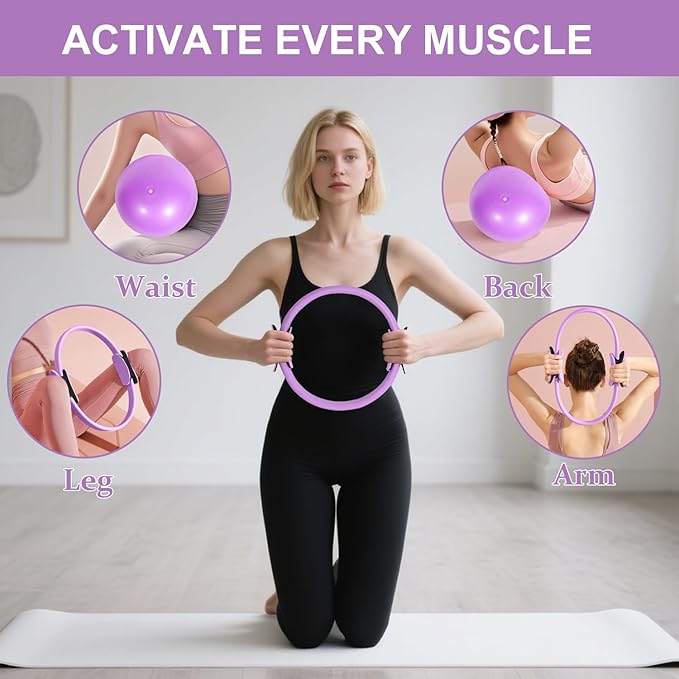 Pilates Ring Set with Resistance Bands– Anti-Slip Magic Circle Pilates Ring for Home Workouts, Full-Body Toning, Strength Training for Women 14PCS