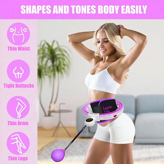 U5 Smart Weighted Hula Hoop with Counter & Waist Trimmer – 16 Knots, 28"–46" Adjustable Infinity Hoop Plus Size, Quiet Rubberized Wheels, Ab Workout Fitness, Weight Loss, Abdominal Toner