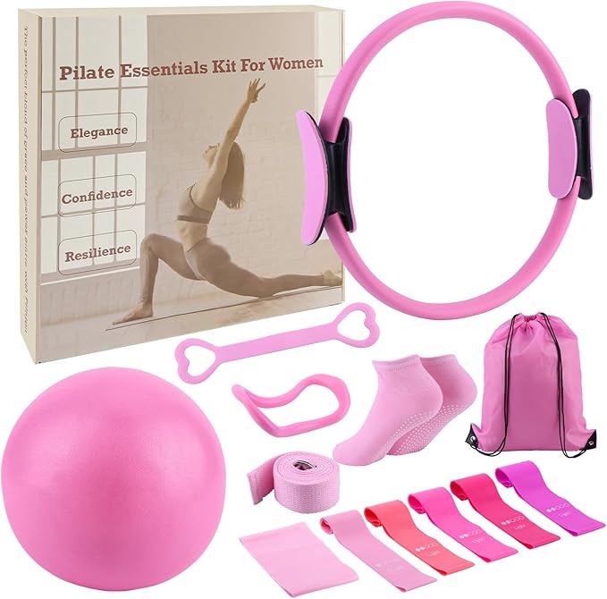 ASIEIT 13 PCS Pilates Kit for Women, Home Pilates Equipment with 5 Resistance Bands, 14'' Magic Circle, Pilates Ball and Ring, Compact Workout Set for Home Workout, Strength and Flexibility