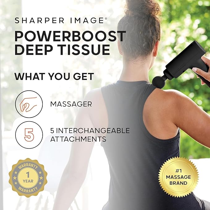Sharper Image Deep Tissue Percussion Massage Gun, Powerboost Rechargeable Handheld Massager, 6 Adjustable Speeds, 5 Attachment Heads & Carrying Case, Full Body Muscle Pain Relief, Black