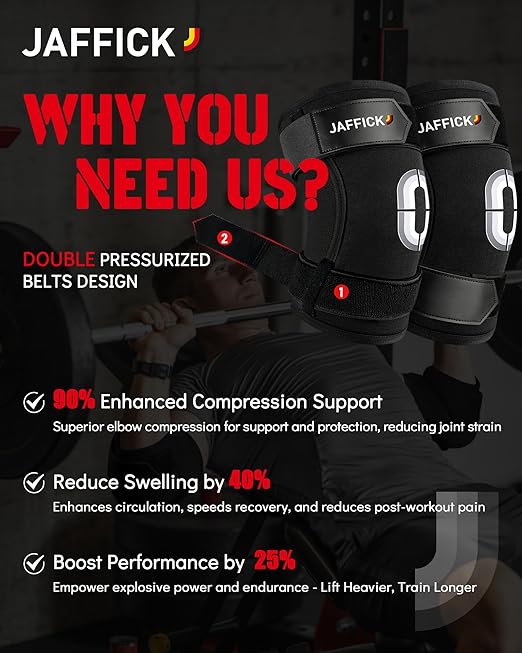 Jaffick Weightlifting Elbow Brace (1 Pair) - Elbow Sleeve with Dual Adjustable Compression Straps for Bench Press, Powerlifting, Pressing, Men & Women(Black, M)