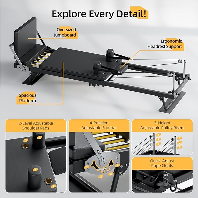 Pilates Reformer Machine, 91" Foldable Reformer Pilates Machine with Jumpboard and Wire Spings, Reformer Pilates Machine for Home Gym, Black