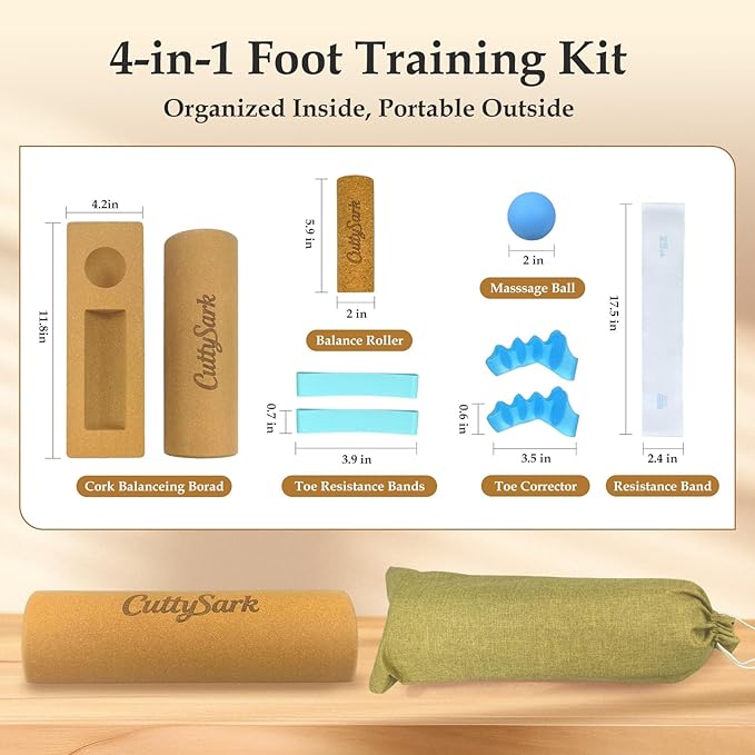 CuttySark Cork Balance Board 6-in-1 Foot & Ankle Strengthener Kit, Premium Natural Cork Balance Trainer + Massage Roller & Ball+Toe brace + yoga resistance band&Carry Bag - Professionally designed to enhance balance, stability, and foot strength, Impro...