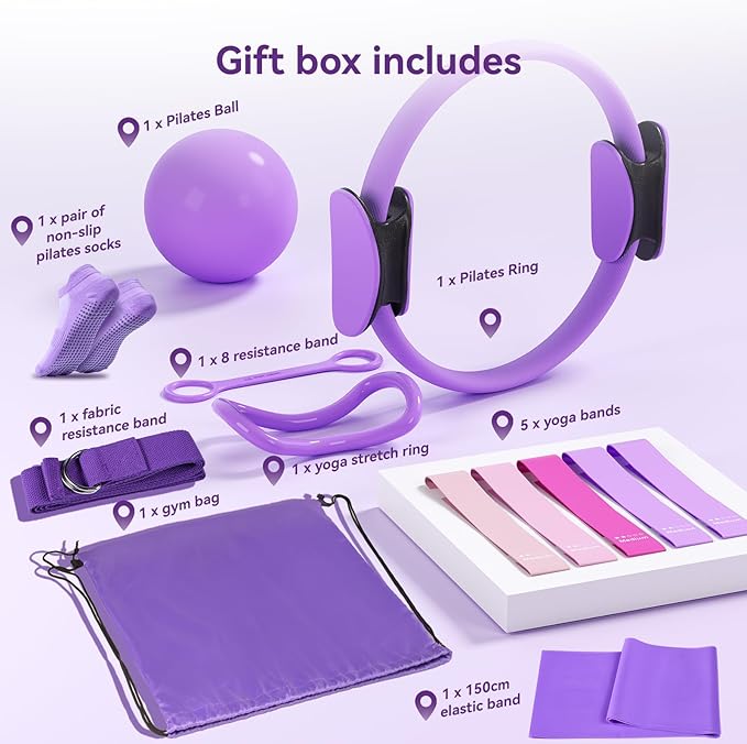 Pilates Kit for Women,15 Inch Magic Circle, 6 Multi-Level Resistance Bands,Yoga Ball Socks, Back Neck Stretcher ,14-Piece Full Body Toning Pilates Equipment for Beginners, 15 Min Daily Routine