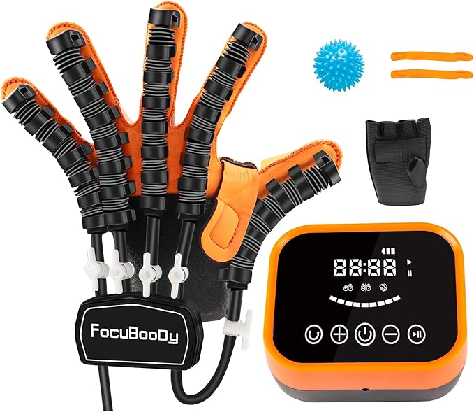 Rehabilitation Robot Gloves Equipment for Stroke Recovery, Hand Strength Exercise, and Adaptive Training Hemiplegic Finger with USB Chargeable Orange(Size Large) Left Hand