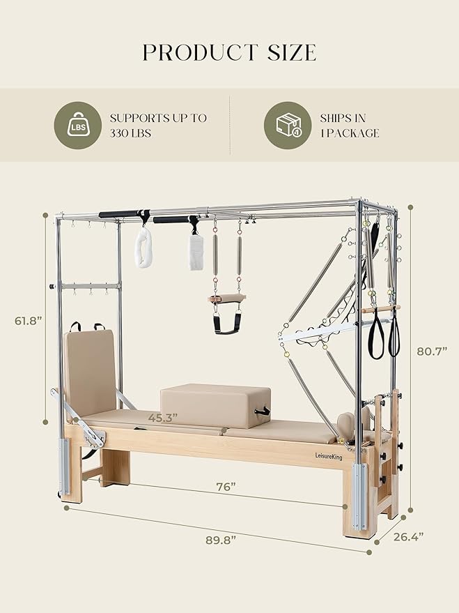 Pilates Reformer Machine, Quick-Assembly Studio Grade Pilates Equipment for Gym and Home, Oak Wood Pilates Reformer with Reformer Accessories