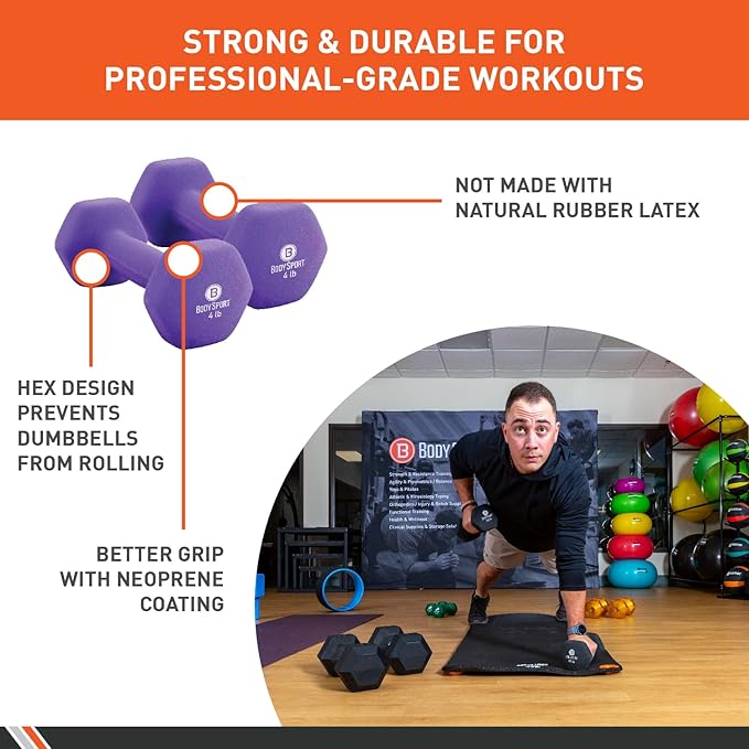 Body Sport Neoprene Dumbbell Weight - Latex-Free, Strength Training Equipment for Home Fitness & Gym Workouts