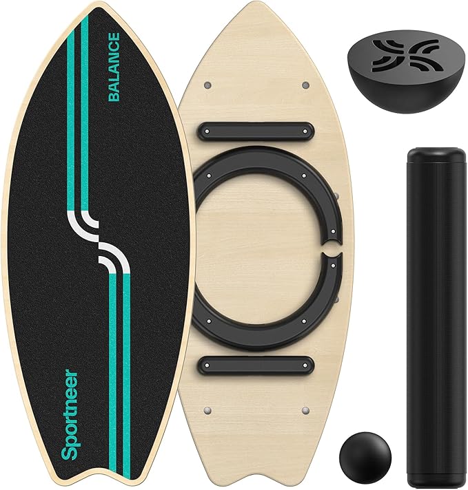 Sportneer Balance Board Upgrade – 8-in-1 Wooden Wobble Board with Roller, Rubber Ball & Half Ball, Balance Trainer for Adults, Core Strength & Physical Therapy Equipment 450 LBS