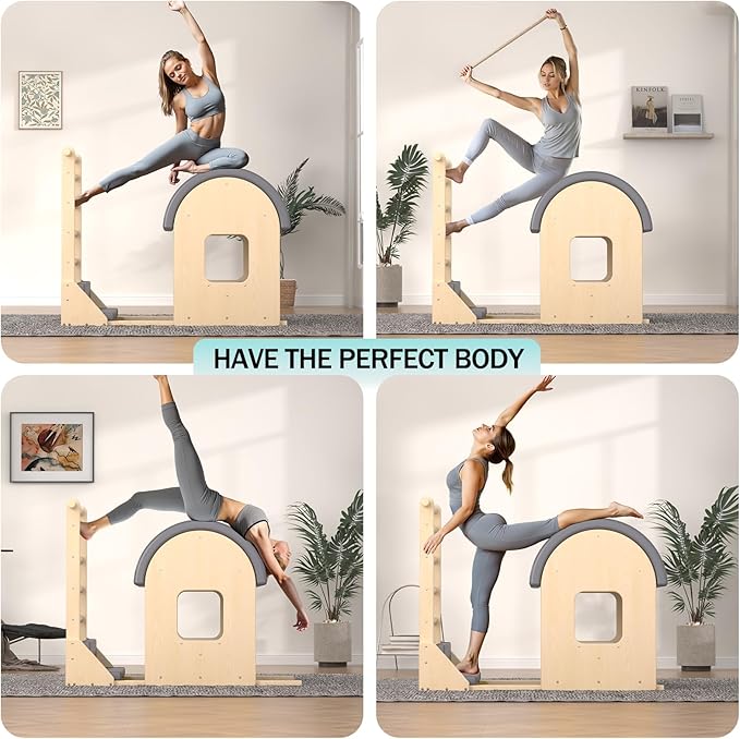 Gray Pilates Ladder Barrel, Wooden Spine Corrector Pilates Machine for Home Workout, Pilates Arc for Balance, Core Strengthening and Stretching-Ngxmky