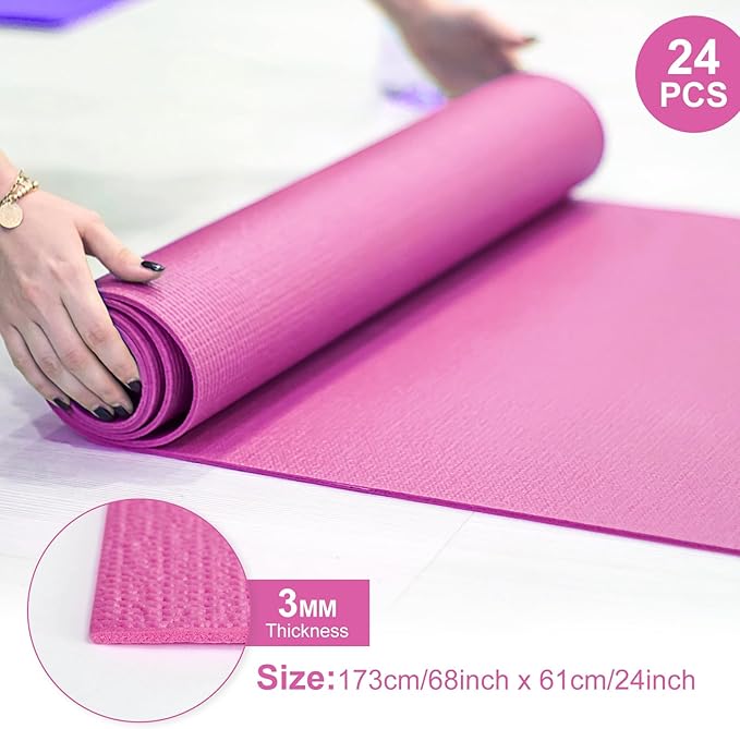 24 Pack 3 mm Thick Yoga Mat Bulk, Non Slip Exercise Workout Fitness Pad for Women Men, Gym Home Yoga Pilates, Easy to Clean, Sturdy PVC