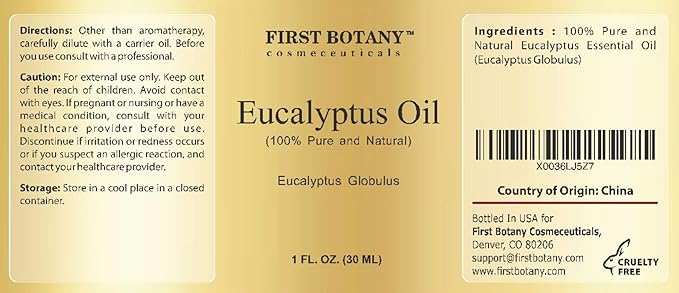 First Botany, 100% Pure Eucalyptus Oil - Premium Eucalyptus Essential Oil for Aromatherapy, Massage, Topical & Household Uses - 1 fl oz