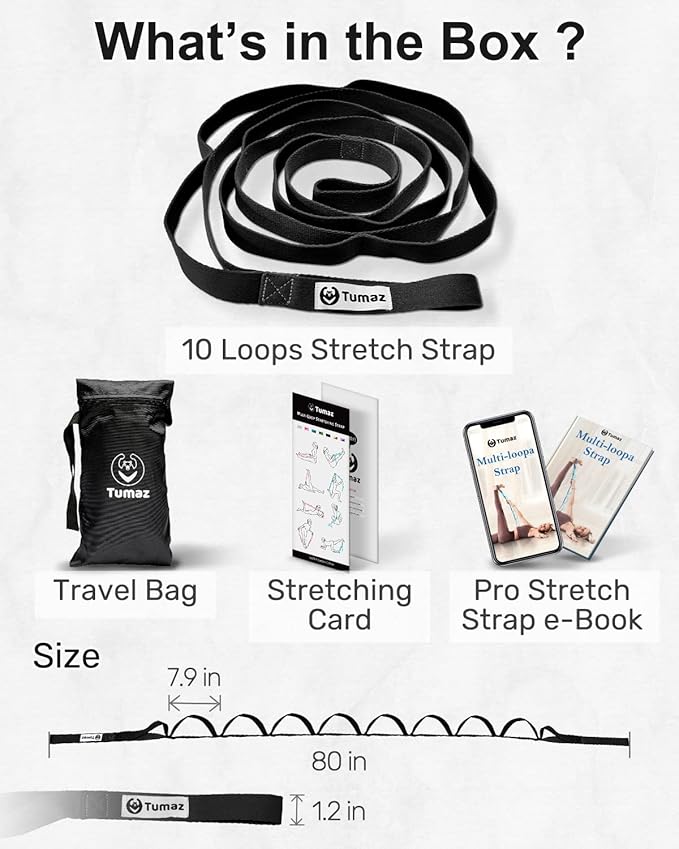 Tumaz Stretching Strap - 10 Loops & Non-Elastic Yoga Strap - Perfect Home Workout Stretch Strap for Physical Therapy, Yoga, Pilates, Flexibility
