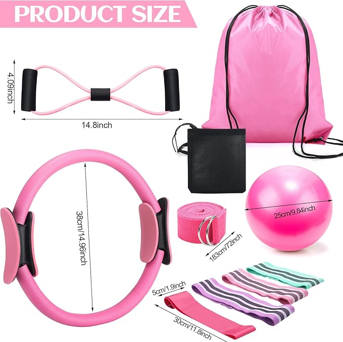 Pilates Ring Circle Set 15 Pcs Exercise Equipment Accessories for Women Workouts Pilates Ball Stretching Strap Gym Backpack Resistance Band Arm Stretcher for Training Body Shape