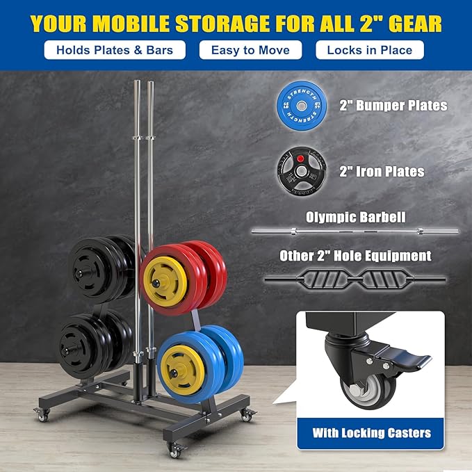 Kipika Weight Plate Tree Rack, Weight Holder for 2 inch Olympic Weight Plate & 2 Barbell Holders, Heavy Duty Bumper Plate Storage Organizer for Home Gym with Optional Wheels