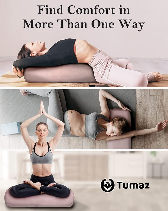Tumaz Yoga Bolster Set - Rectangular Bolster Pillow for Restorative Yoga, Soft Meditation Pillow with Carry Handle and 8-Feet Strap, Machine Washable Cover