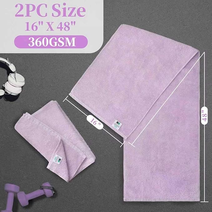 Sports Towel for Yoga & Running, 2-Pack Gym Towels (47"x16") - 100% Cotton, Super Absorbent & Fast Drying Sweat Towel for Workout, Tennis, Fitness & Shower, Ideal for Women & Men, Purple