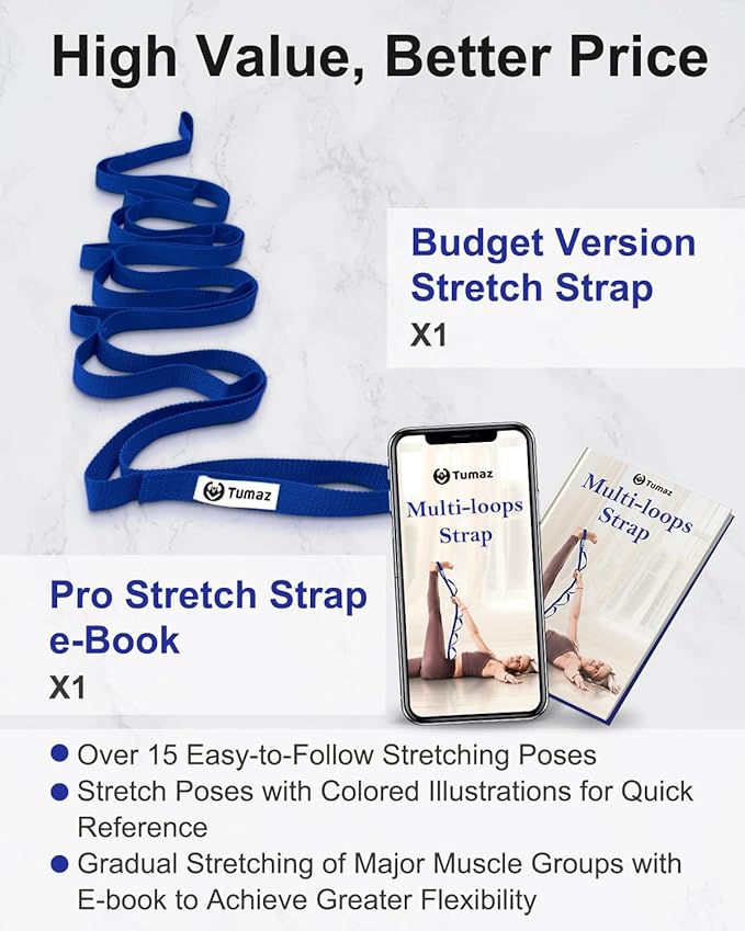 Tumaz Stretching Strap - 10 Loops & Non-Elastic Yoga Strap - Perfect Home Workout Stretch Strap for Physical Therapy, Yoga, Pilates, Flexibility