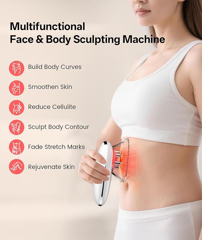 Body Sculpting Machine with Red Light Therapy for Face & Body, Cupping Therapy, Electric Cellulite Massage Tool with 2 Cups, Gift for Women, White