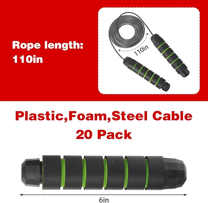 20 Pack Weighted Jump Ropes with Steel Cable - Tangle-Free Speed Skipping Ropes with Comfortable Foam Handles for Fitness Workouts, Gym Training, Home Exercise (Red, Blue, Black, Green)