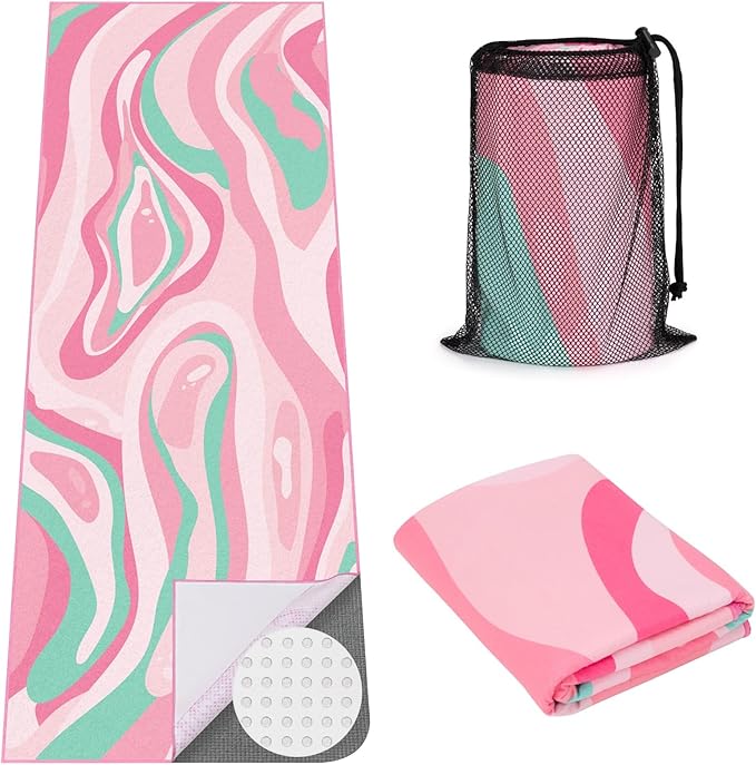 Yoga Mat Towel Cover with Large Corner Pockets, Non Slip Grip Microfiber Mat Cover Mat for Hot Yoga, Pilates and Gym Workout, 74" L x 26" W, Pink