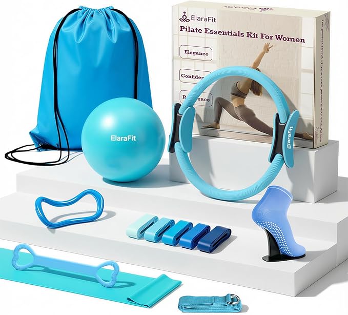 Home Pilates Ring and Ball Set for Women with 5 Resistance Bands 13 inch Magic Circle Workout Starter Kit for Beginners Full Body Toning 15 Min Daily Routine