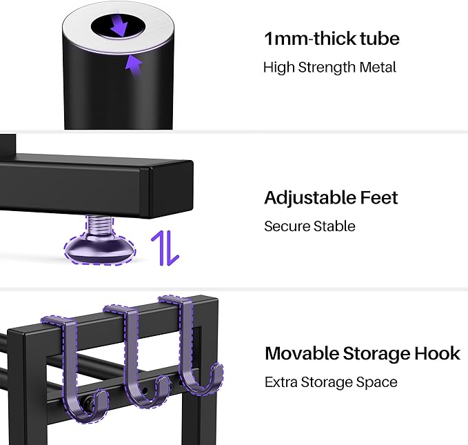 niffgaff 3 Tier Adjustable Dumbbell Rack with Hooks, Extended Base Weight Storage for Home Gym – Holds Up to 450 lb, Space-Saving Fitness Equipment Organizer (Rack Only)