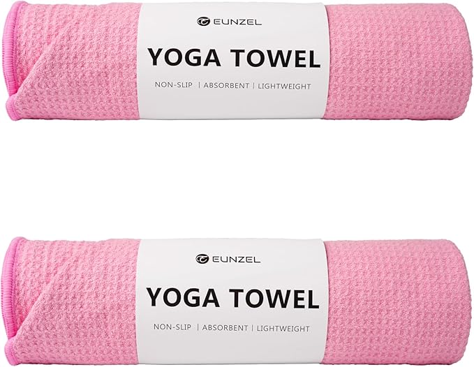 Eunzel 2 Pack Hot Yoga Towel, Non-Slip Yoga Mat Towel with Grip Dots Stickyfiber Sweat Absorbent Towel for Hot Yoga, Pilates and Workout 72" x 24", Pink