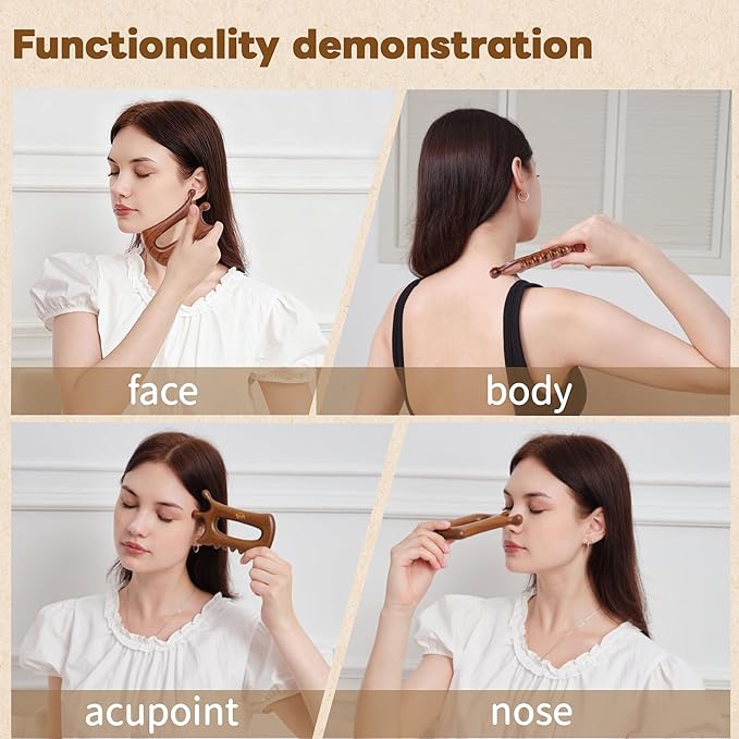 Wooden Gua Sha Massage Tool for Face & Body – Dual Trigger Point Acupressure Massager for Nose & Eye Area, Manual Muscle Scraper with Ergonomic Grip for Jawline & Neck Relief in Gift Box