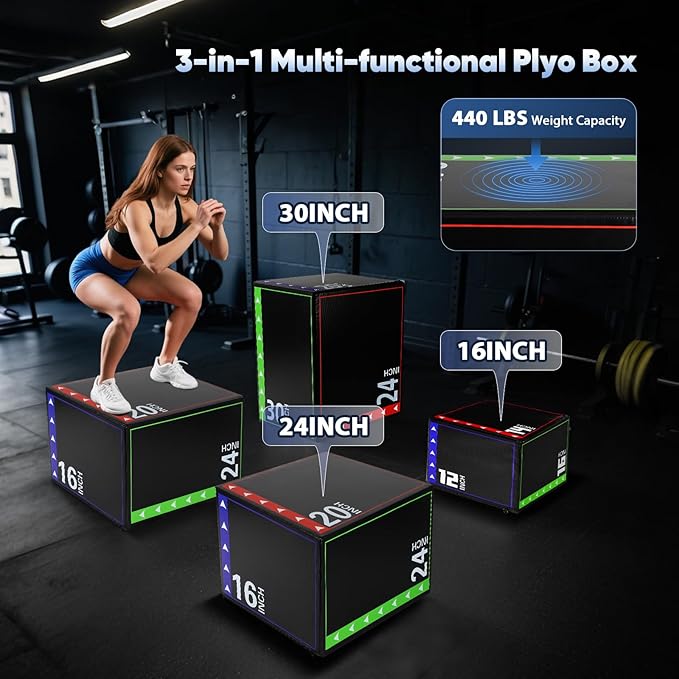 3 in 1 Foam Heavy Duty Plyometric Jump Box for Home Gym,Workout Box Non-Slip PVC Leather Easy to Clean for Jump Training, HIIT Exercises and Lower Body Strength Training