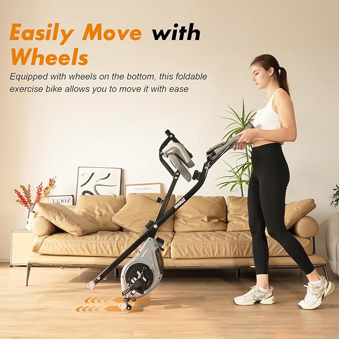 TOUSAINS Folding Exercise Bike - 8-Level Magnetic Stationary Bike with Pulse Rate, Large Tablet Holder & X-Bike Design, Compact Indoor Workout Bike for Home Gym, Seniors & Knee Recovery, 265lbs Weight Capacity