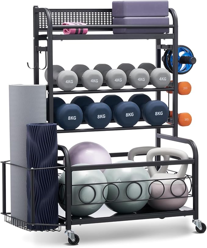 VEVOR Yoga Mat Storage Rack, Home Gym Workout Equipment Organizer, Powder Coated Finish Steel Yoga Mat Holder with Hooks & Wheels, Weight Rack for Dumbbell, Kettlebell, Foam Roller, and Yoga Strap