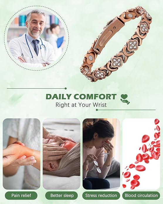 99% Pure Copper Bracelet, Copper Magnetic Bracelet & Ring for Women with Ultra Strength Neodymium Magnets, Clover Jewelry with Sparkling Cubic Zirconia