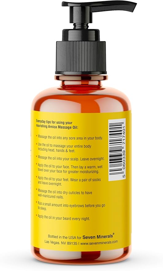 Seven Minerals Arnica Sore Muscle Massage Oil for Massage Therapy - 4 oz - Ideal for Professional or at-Home Body Massage.