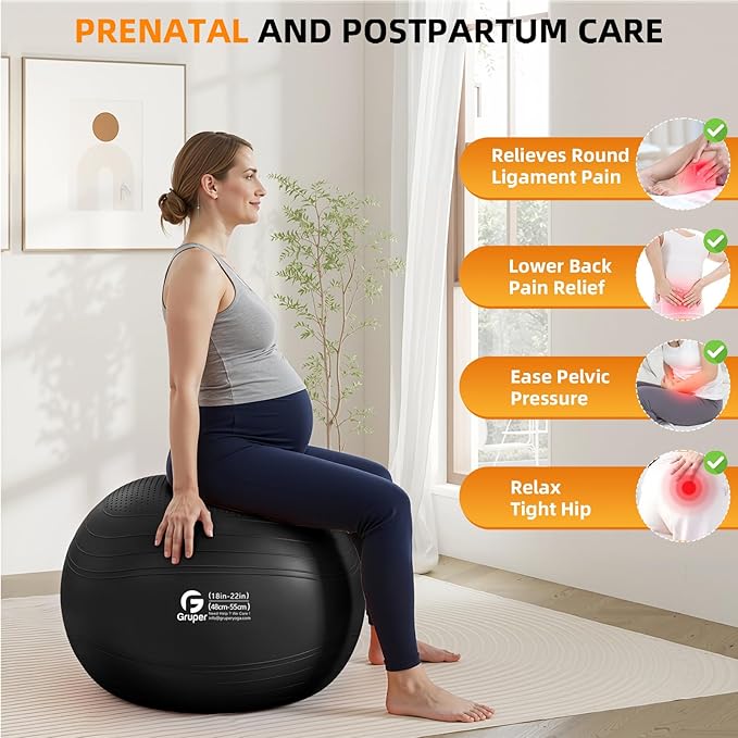 Gruper Yoga Ball, Extra Thick Non Slip Exercise Ball for Workout, Birthing, Balance, Stability, Pregnancy, 4 Sizes Anti Burst Chair for Home and Office, Includes Quick Pump & Fitness Guide