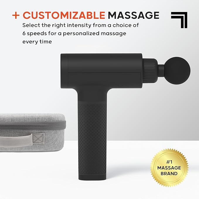 Sharper Image Deep Tissue Percussion Massage Gun, Powerboost Rechargeable Handheld Massager, 6 Adjustable Speeds, 5 Attachment Heads & Carrying Case, Full Body Muscle Pain Relief, Black