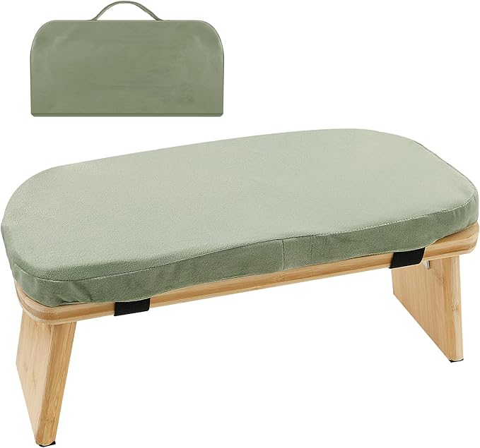 Folding Meditation Bench, Bamboo Kneeling Stool with Cushion, Portable Meditation Chair, Yoga Stool, Yoga Bench, Zen Practice, Comfortable Kneeling Chair, 16.9x7.5x7.1in (Green)