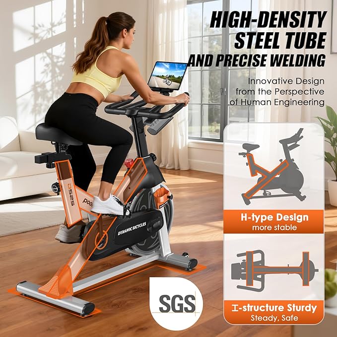 pooboo Exercise Bike, Adjustable Magnetic Resistance Stationary Bikes for Home with App Compatible, 350LB Weight Capacity Indoor Cycling Bike with Large Seat, Dumbbell Rack, Pull Cords & LCD Display,Low Noise Indoor Spin Bike for Home Gym