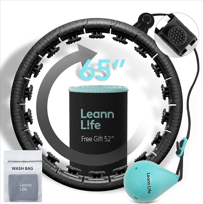 U2 Black-32 Knots 19”- 65”, Detachable & Size Adjustable Weighted Hula Hoop for Kids Adults Weight Loss, Infinity Hoop Plus Size, Abdominal Toner,5 Color Balls, Free Waist Trimmer&Wash Bag