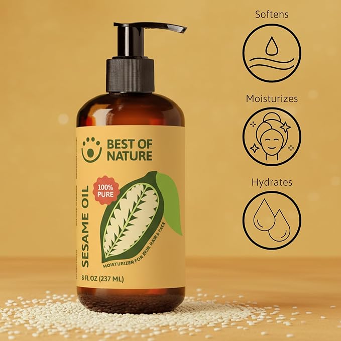 Best of Nature 100% Pure Sesame Natural Unscented Massage Oil, Deep Moisturizing Body & Skin Oil, Perfect Carrier Oil for Essential Oils, 8 fl oz