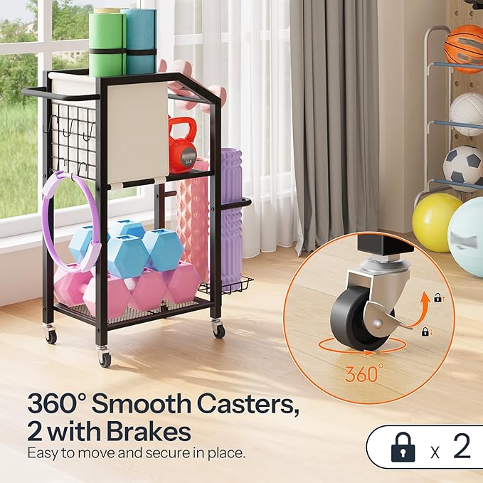 HOOBRO Dumbbell Rack, Weight Rack for Dumbbells, Yoga Mat Storage Rack, Home Gym Storage Rack for Dumbbells Kettlebells Foam Roller, Workout Storage Organizer with Wheels & Hooks, Black BE85CJ01N1