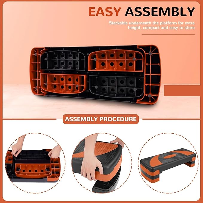 Fitvids Workout Step Aerobic Platform – 31" Exercise Step with 3 levels Adjustable Height – nan – Tangerine