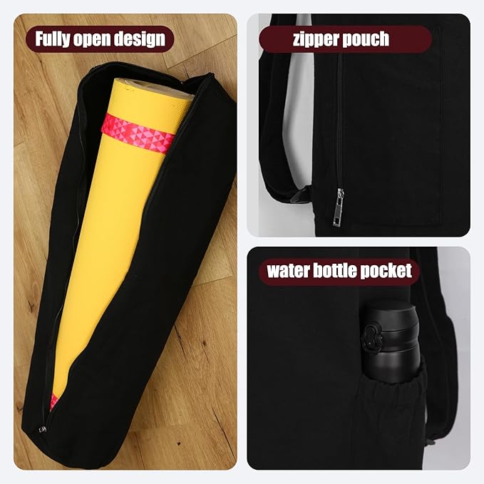 Cotton yoga mat bag with Pockets and Adjustable Strap - Full Zip Cargo Yoga Mat Carrier Bag - Bag for 1/4" 1/3" Thick Yoga Mat