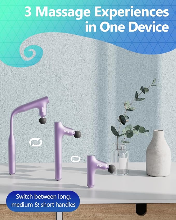 3-in-1 Detachable Massage Gun Deep Tissue, Ergonomic Extension Handle Back Massager for Pain Relief, Portable Percussion Muscle Massager for Shoulder, Thigh, Waist & Neck Purple