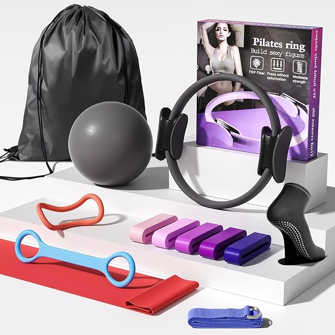 Pilates Kit for Women,15 Inch Magic Circle, 6 Multi-Level Resistance Bands,Yoga Ball Socks, Back Neck Stretcher ,14-Piece Full Body Toning Pilates Equipment for Beginners, 15 Min Daily Routine