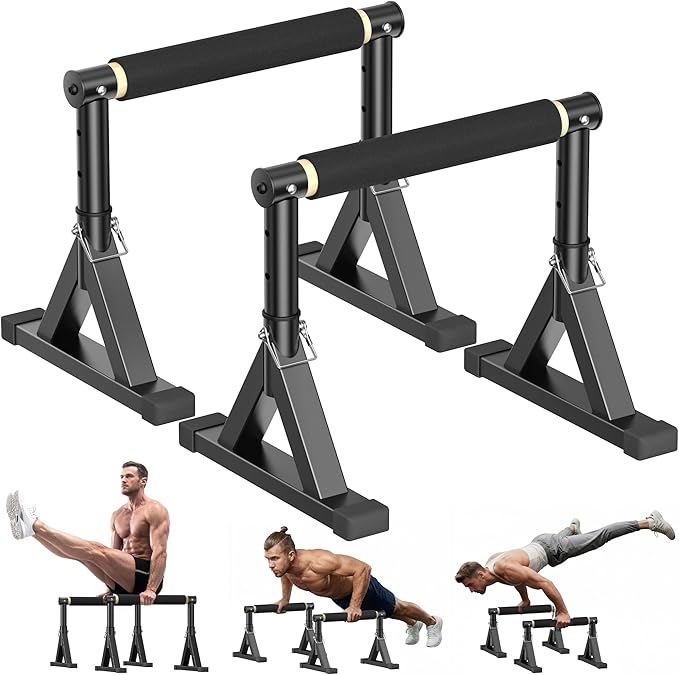 10-14'' Wooden Parallel Bar and Dip Bar with Adjustable Height and Non-Slip Handles, Rock-Free Fitness Equipment for Handstands, L-Sits, Gymnastics and Strength Training for Home Gym, 600lbs Capacity