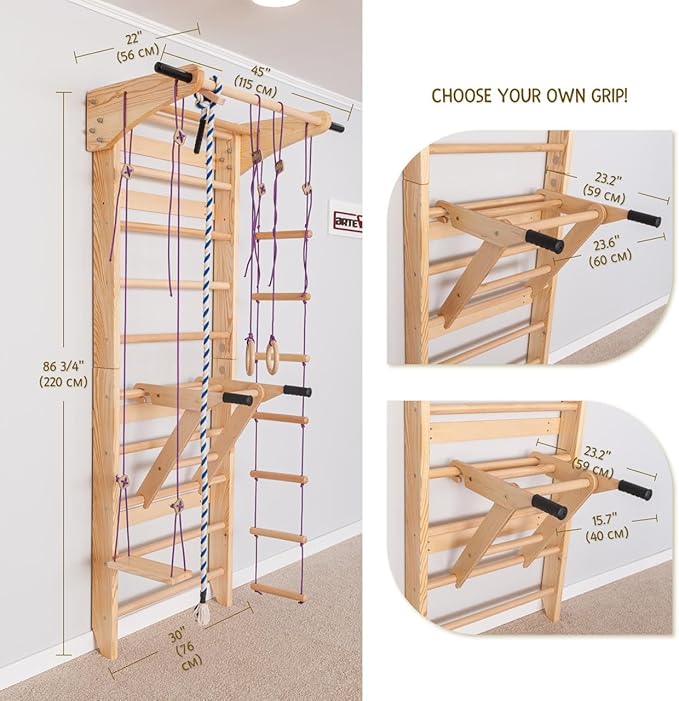 Swedish Ladder Wall Bars with Pull-Up Bar & Dip Station – Wooden Stall Bars, Multifunctional Home Gym Wall Ladder for Strength Training & Stretching