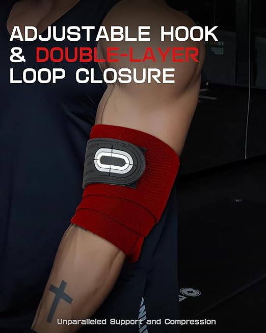 Jaffick Elbow Wraps for Weightlifting (1 Pair) - Double-Layer Reinforced 40'' Elastic Elbow Brace Compression Strap & Gym Joint Support Brace - for Bench Press, Powerlifting, and Pressing